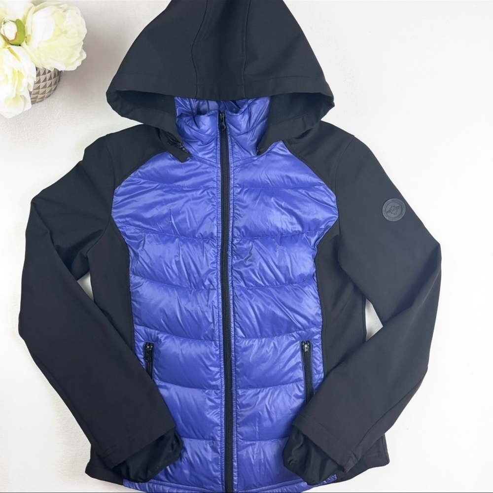 Halifax Black/Purple Puffer Packable Removable Thumb Hole Down Hooded Jacket (M)